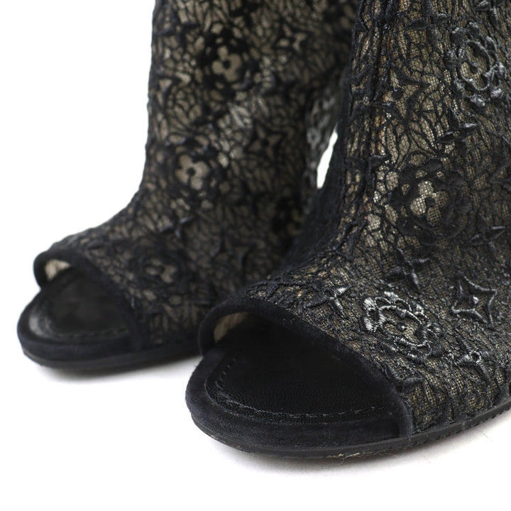 Great LOUIS VUITTON Ankle boots Flower logo lace LV circle metal open toe 35.5
