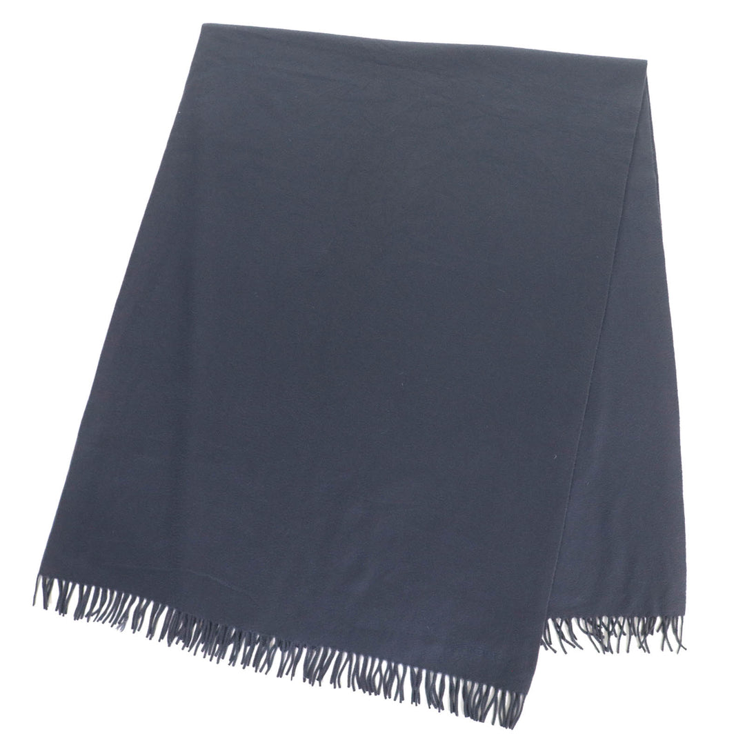 Very Good HERMES shawl Logo embroidered fringe extra large shawl stole Navy cashmere Women