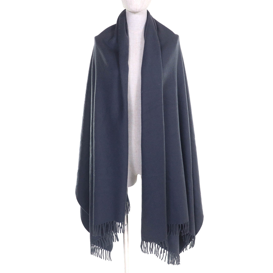 Very Good HERMES shawl Logo embroidered fringe extra large shawl stole Navy