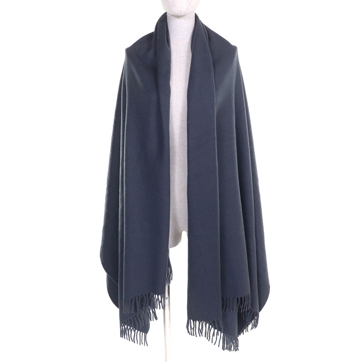Very Good HERMES shawl Logo embroidered fringe extra large shawl stole Navy