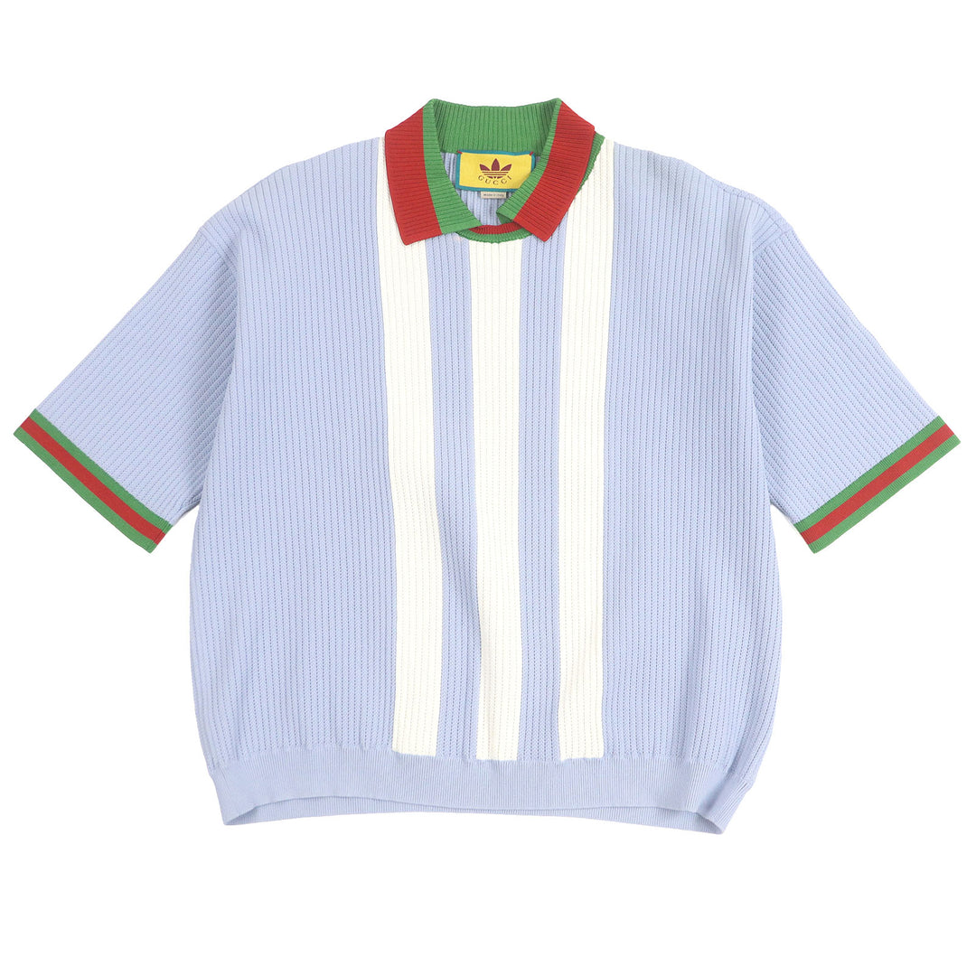 Excellent GUCCI×adidas tops Web Line Three Stripes Knit Polo Shirt Light blue S