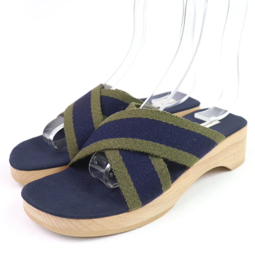 Excellent HERMES Sandals Fool Toe Canvas Wood Navy canvas Women 36