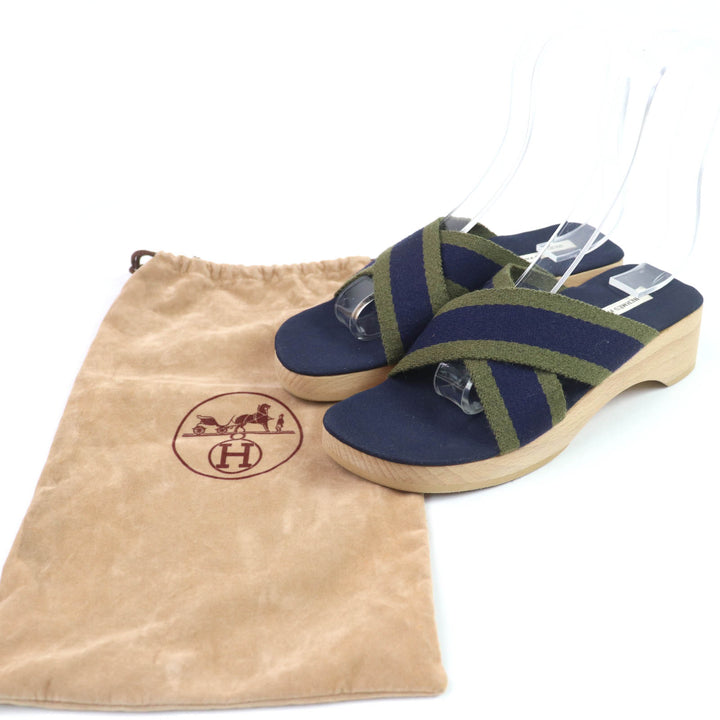 Excellent HERMES Sandals Fool Toe Canvas Wood Navy canvas Women 36
