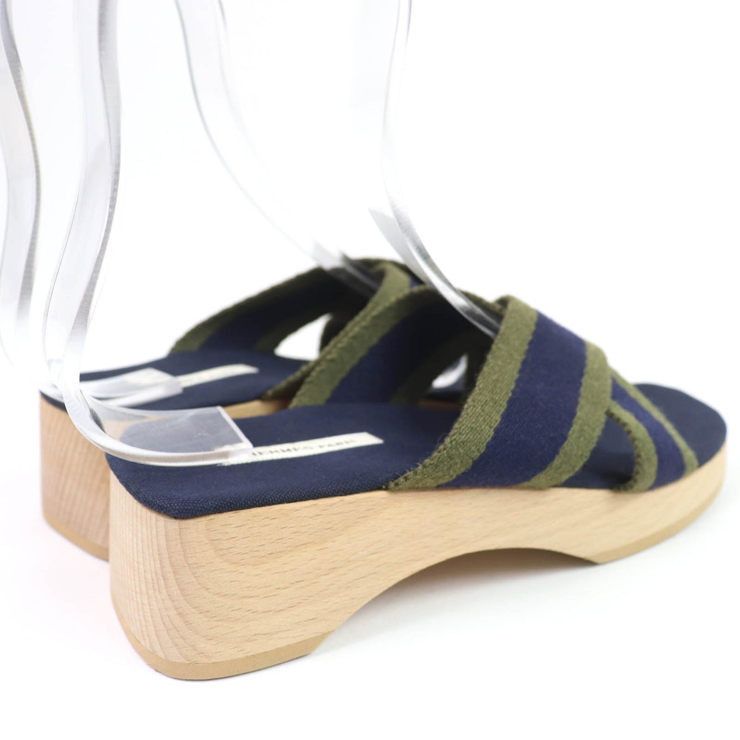 Excellent HERMES Sandals Fool Toe Canvas Wood Navy canvas Women 36