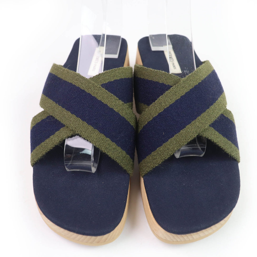 Excellent HERMES Sandals Fool Toe Canvas Wood Navy canvas Women 36