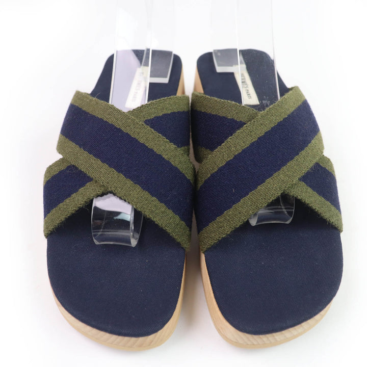 Excellent HERMES Sandals Fool Toe Canvas Wood Navy canvas Women 36