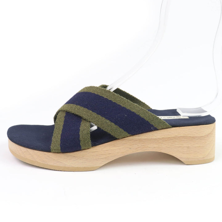 Excellent HERMES Sandals Fool Toe Canvas Wood Navy canvas Women 36