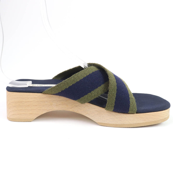 Excellent HERMES Sandals Fool Toe Canvas Wood Navy canvas Women 36