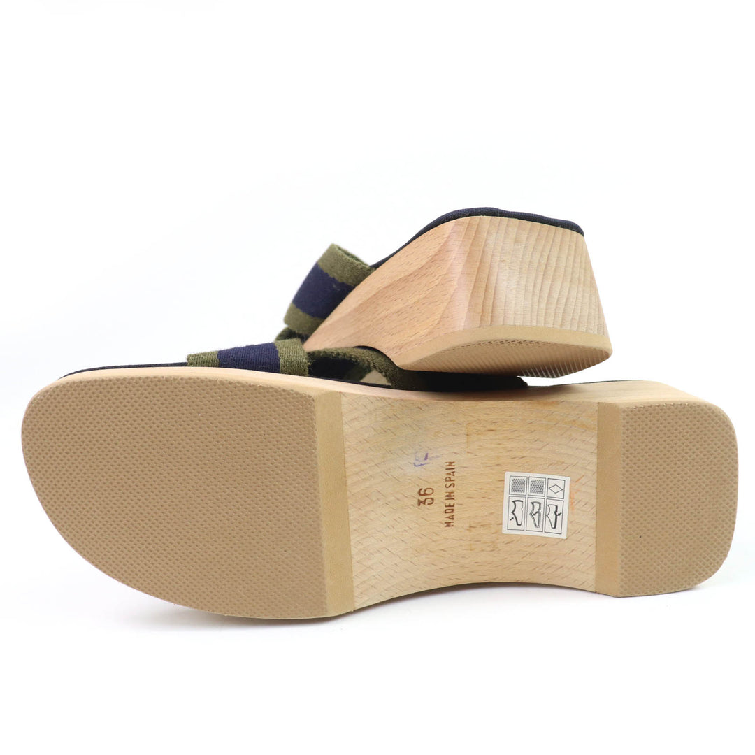 Excellent HERMES Sandals Fool Toe Canvas Wood Navy canvas Women 36