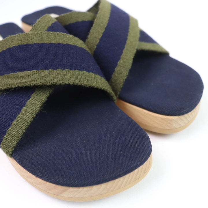 Excellent HERMES Sandals Fool Toe Canvas Wood Navy canvas Women 36
