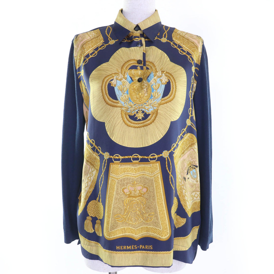 Very Good HERMES Long sleeve shirt Cashmere twill knit Navy system silk Women XS