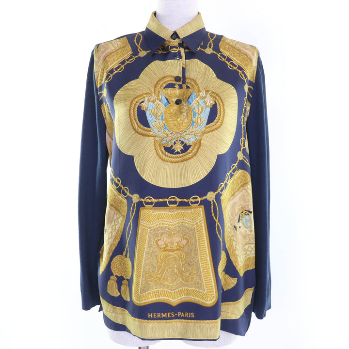 Very Good HERMES Long sleeve shirt Cashmere twill knit Navy system silk Women XS