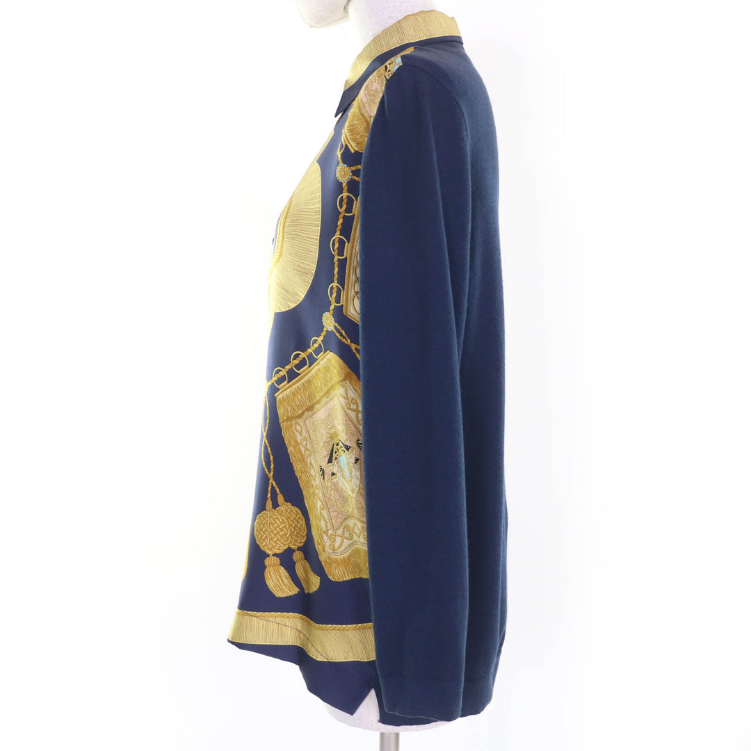 Very Good HERMES Long sleeve shirt Cashmere twill knit Navy system silk Women XS