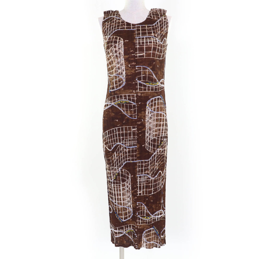 Excellent PLEATS PLEASE one piece Roller Coaster Pattern Sleeveless Brown 2