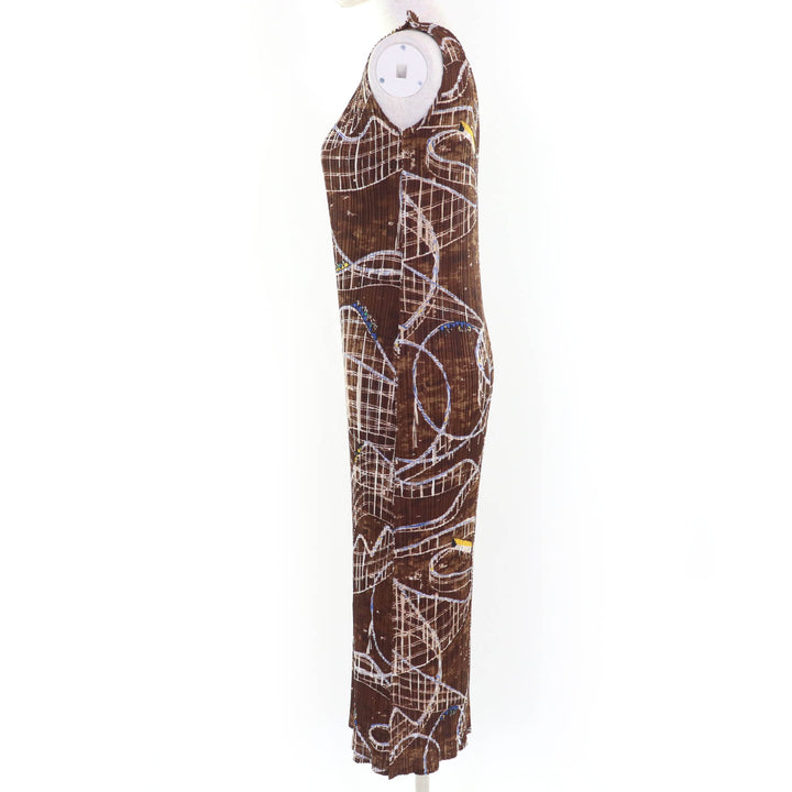 Excellent PLEATS PLEASE one piece Roller Coaster Pattern Sleeveless Brown 2
