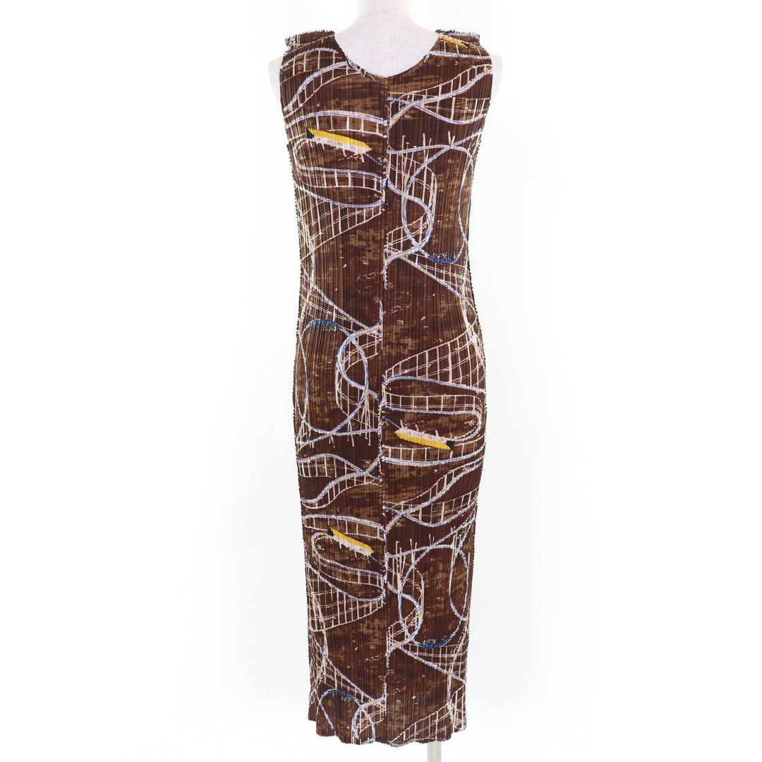 Excellent PLEATS PLEASE one piece Roller Coaster Pattern Sleeveless Brown 2