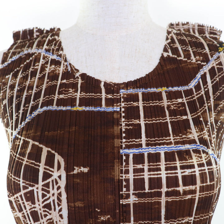 Excellent PLEATS PLEASE one piece Roller Coaster Pattern Sleeveless Brown 2