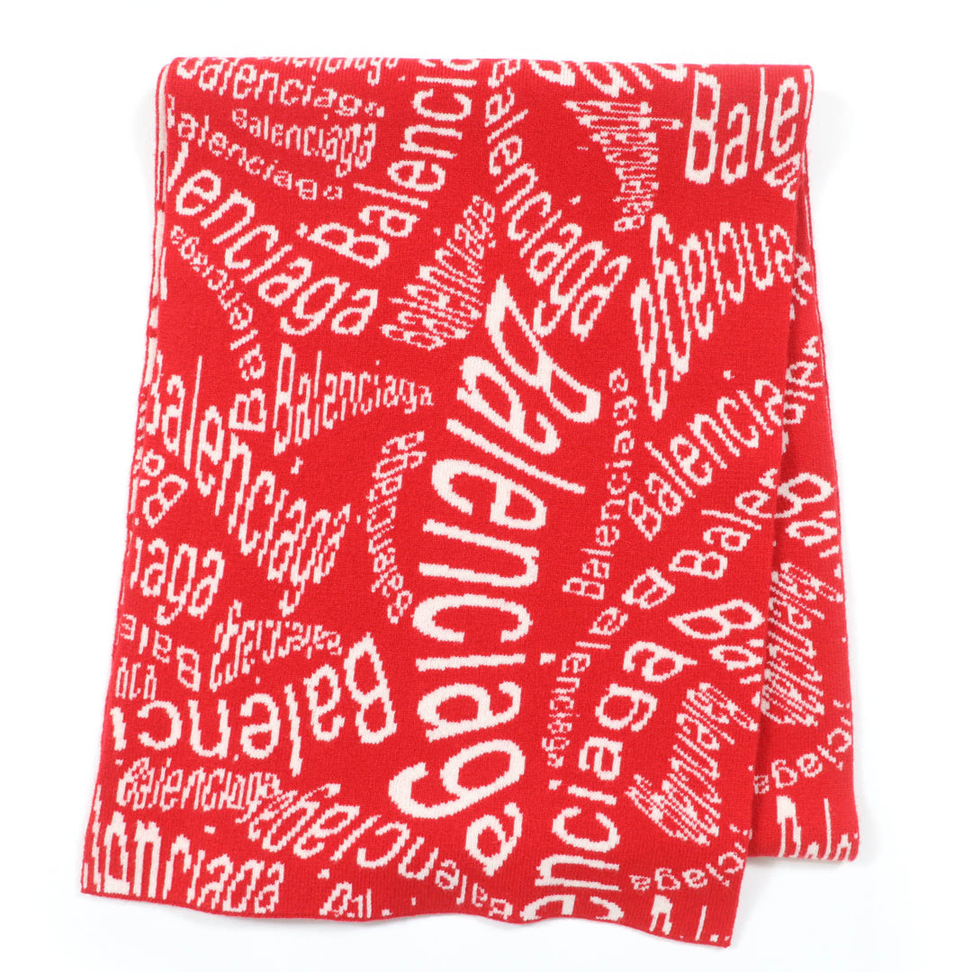 Great BALENCIAGA Scarf Large all-over logo shawl Red Ivory Virgin wool Women S