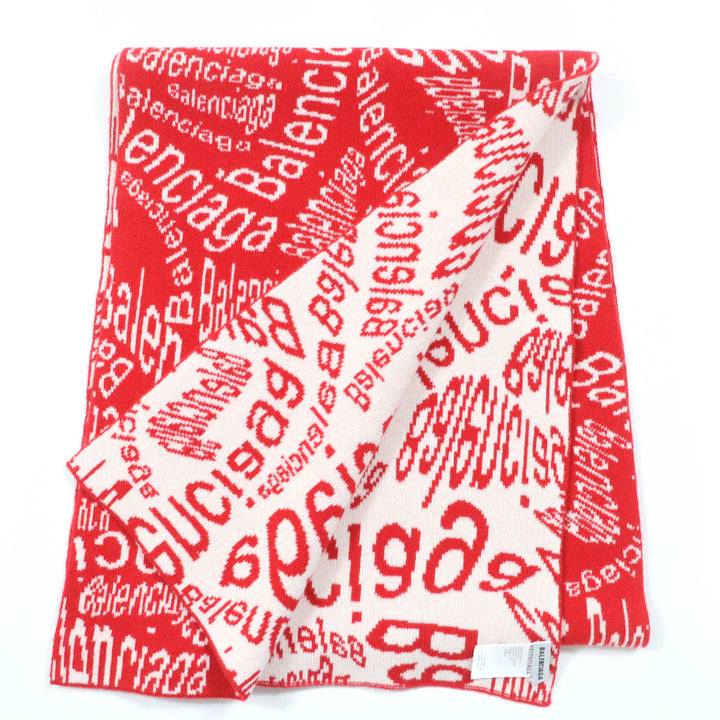 Great BALENCIAGA Scarf Large all-over logo shawl Red Ivory Virgin wool Women S