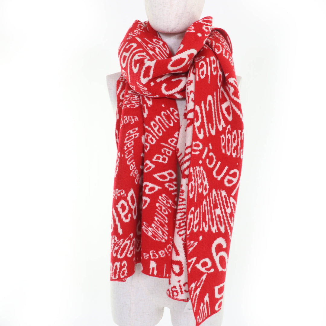 Great BALENCIAGA Scarf Large all-over logo shawl Red Ivory Virgin wool Women S