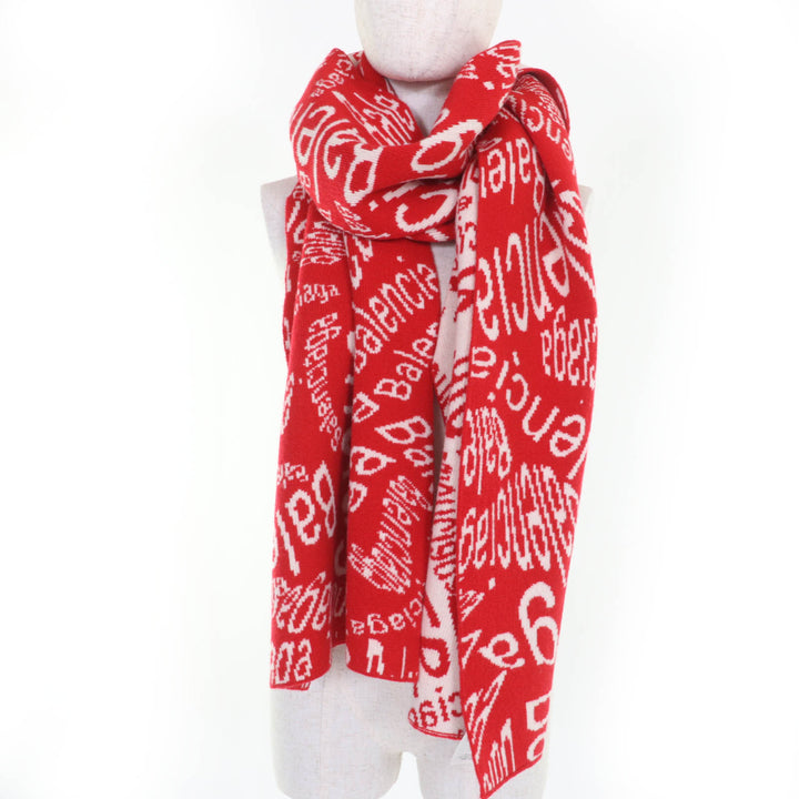 Great BALENCIAGA Scarf Large all-over logo shawl Red Ivory Virgin wool Women S