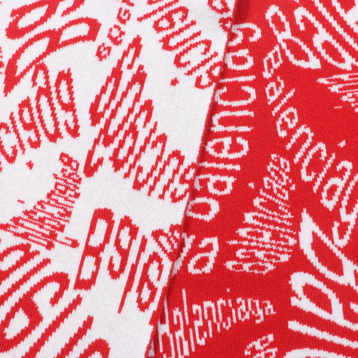 Great BALENCIAGA Scarf Large all-over logo shawl Red Ivory Virgin wool Women S 583121