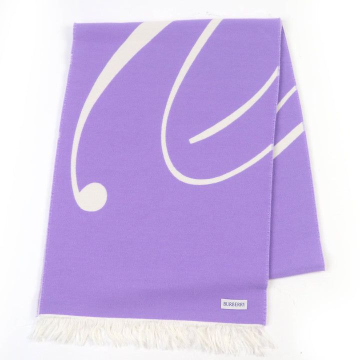 Great BURBERRY Scarf Fringed logo Ivory purple wool Women