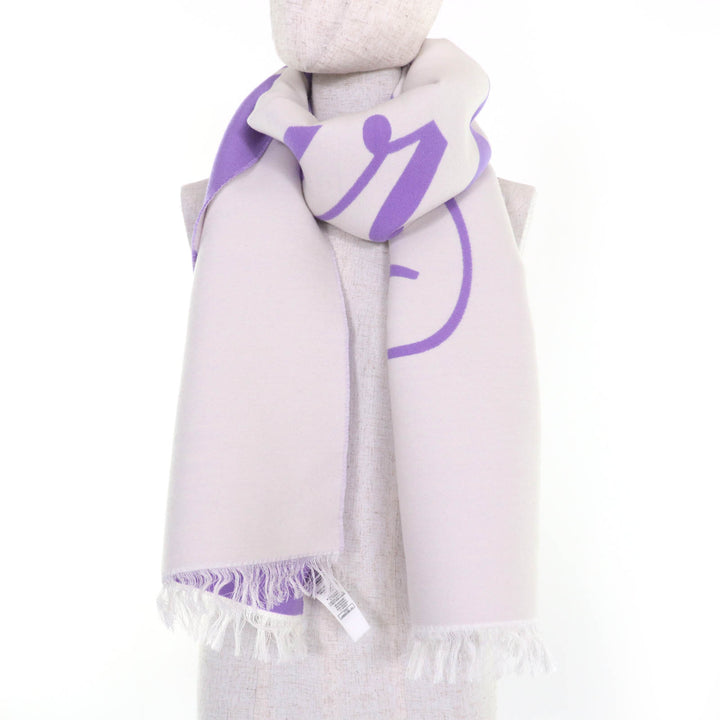 Great BURBERRY Scarf Fringed logo Ivory purple wool Women
