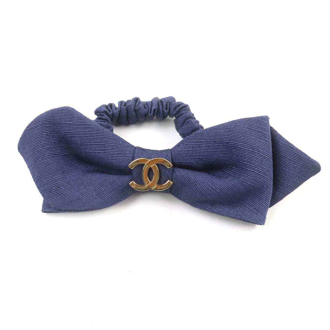 Very Good CHANEL hair accessory COCO MarkMetal Fabric Ribbon Scrunchie Navy