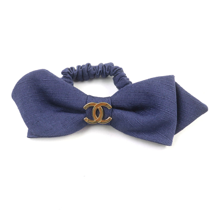 Very Good CHANEL hair accessory COCO MarkMetal Fabric Ribbon Scrunchie Navy