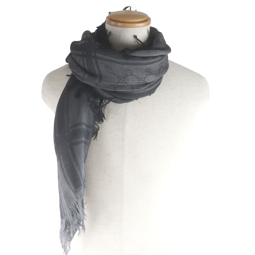 Excellent GUCCI Stall Diamante Check Pattern Fringe gray wool mens 544615