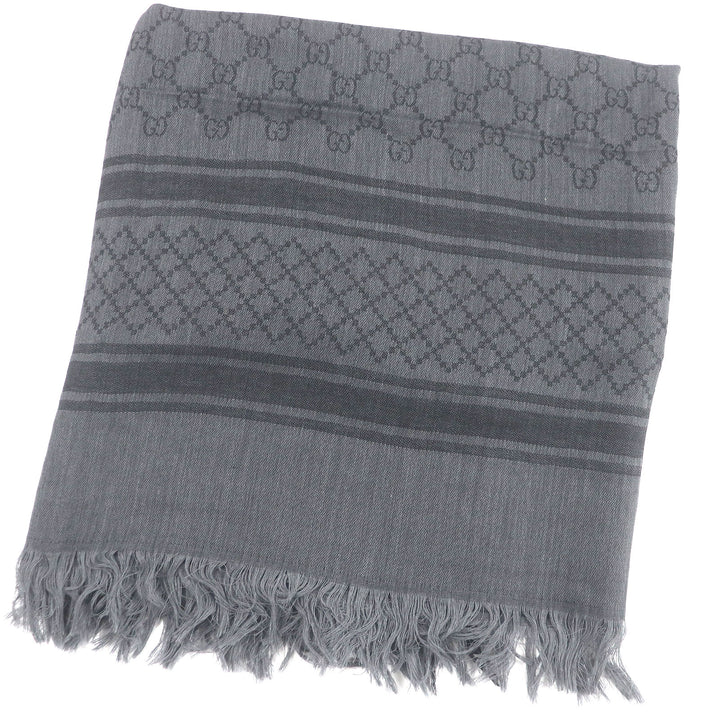 Excellent GUCCI Stall Diamante Check Pattern Fringe gray wool mens 544615