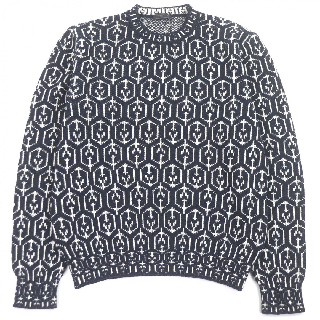 Great PRADA sweater All-over print long sleeve knit Navy Virgin wool