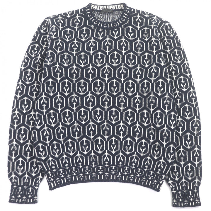Great PRADA sweater All-over print long sleeve knit Navy Virgin wool