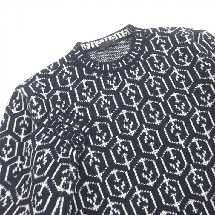 Great PRADA sweater All-over print long sleeve knit Navy Virgin wool
