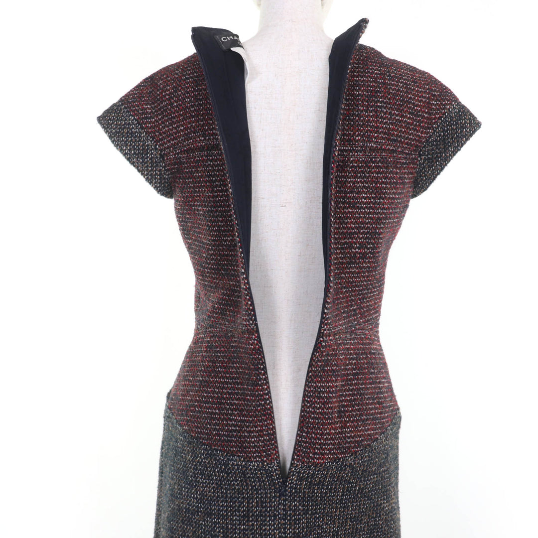 Excellent CHANEL one piece Lion Button Short Sleeve Tweed multicolor 36 14B