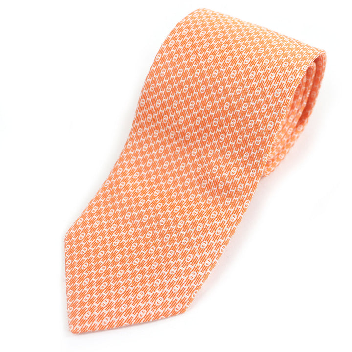HERMES ネクタイ Hロゴ シェーヌダンクル オールオーバープリント レギュラーネクタイ オレンジ 655609T 美品