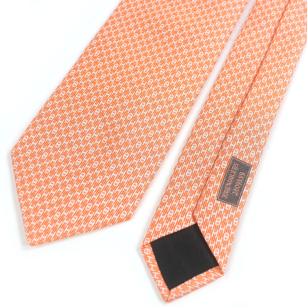 HERMES ネクタイ Hロゴ シェーヌダンクル オールオーバープリント レギュラーネクタイ オレンジ 655609T 美品