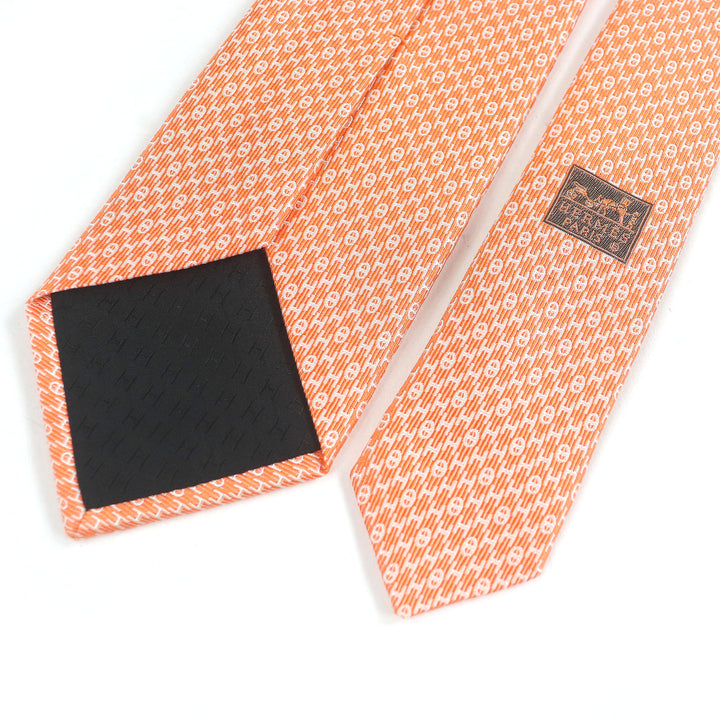 HERMES ネクタイ Hロゴ シェーヌダンクル オールオーバープリント レギュラーネクタイ オレンジ 655609T 美品