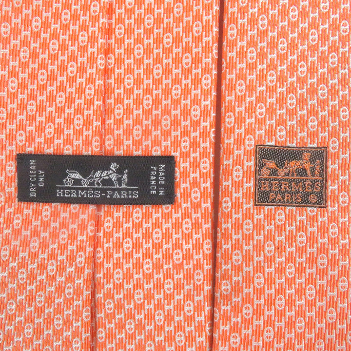 HERMES ネクタイ Hロゴ シェーヌダンクル オールオーバープリント レギュラーネクタイ オレンジ 655609T 美品