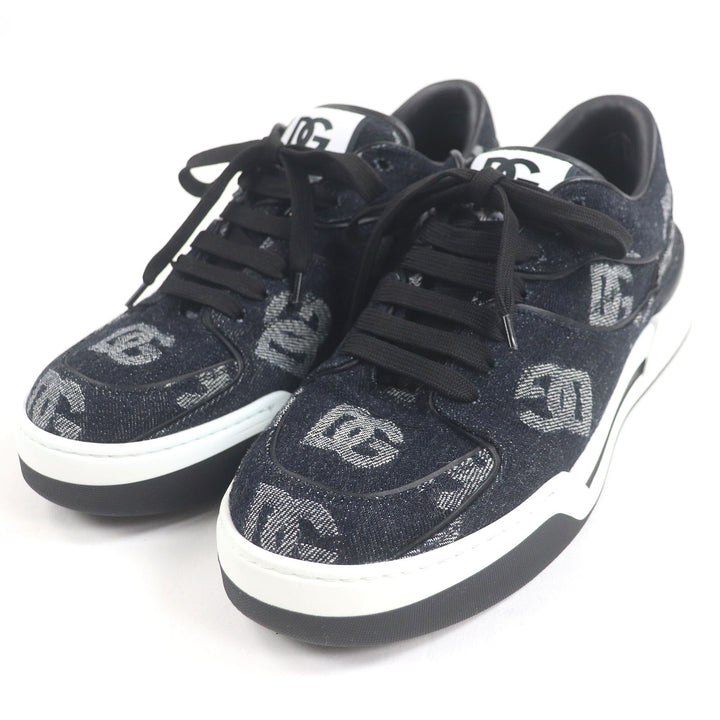 Excellent DOLCE&GABBANA Low cut sneakers Black tag DG logo all-over denim Indigo blue