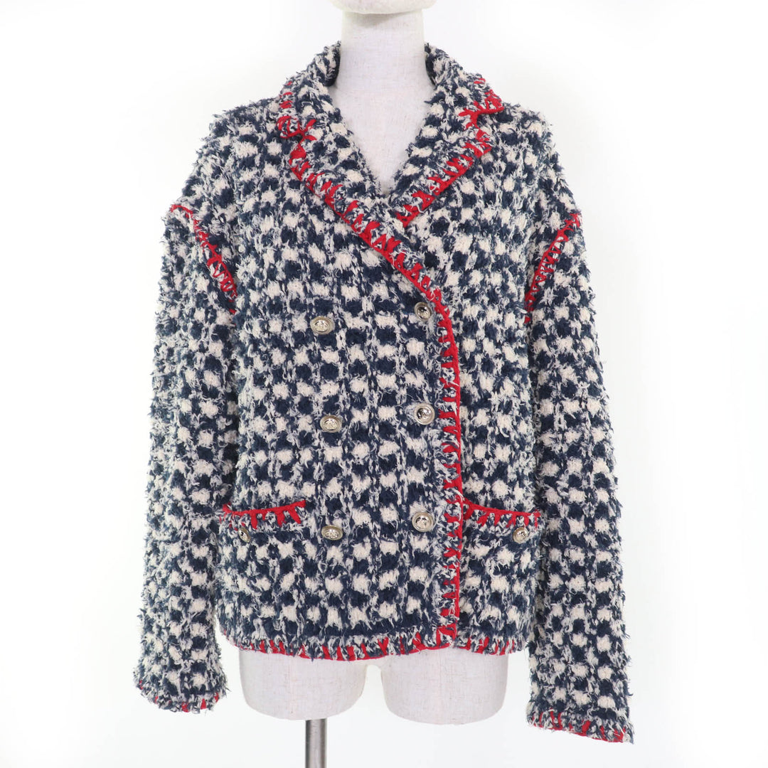 Excellent CHANEL Jacket COCO Button Tweed Navy system linen 36 P70340K10023