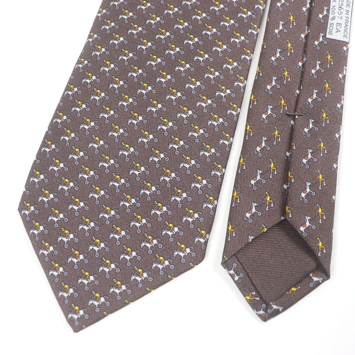 Excellent HERMES tie Jockey & Toy Horse All-Over Print Regular Tie Brown silk