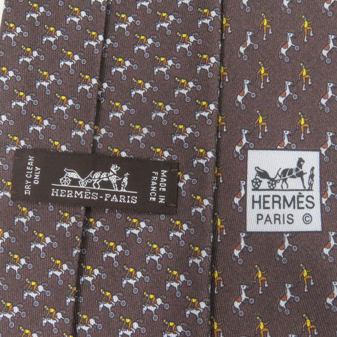 HERMES ネクタイ ジョッキー＆トイホース オールオーバープリント レギュラータイ ブラウン シルク メンズ