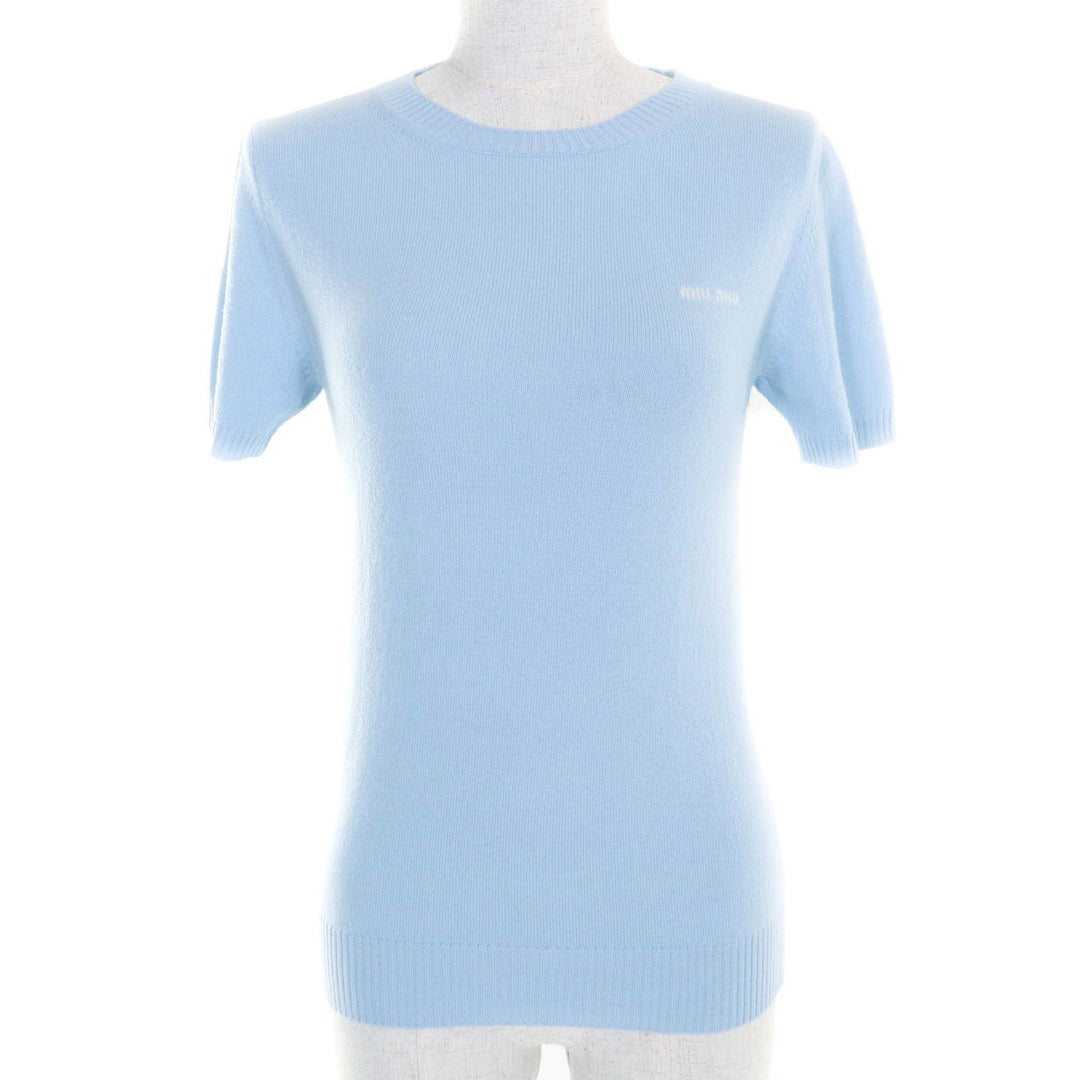 Excellent MIUMIU Short sleeve knit Logo design crew neck cashmere Women 36