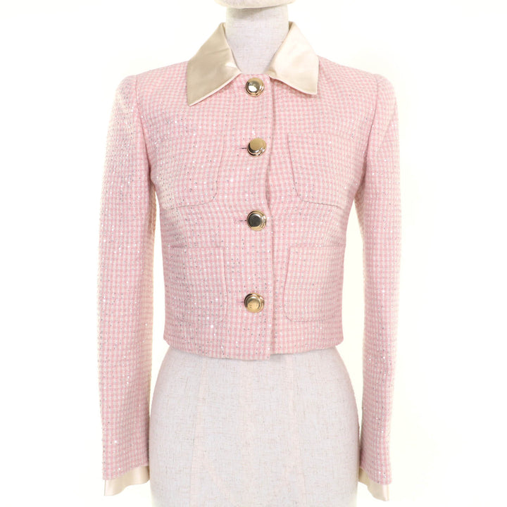 Excellent MIUMIU Jacket Cropped sequined tweed dress pink Virgin wool Women 36 MH1732