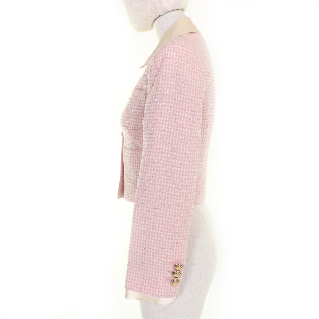 Excellent MIUMIU Jacket Cropped sequined tweed dress pink Virgin wool Women 36 MH1732