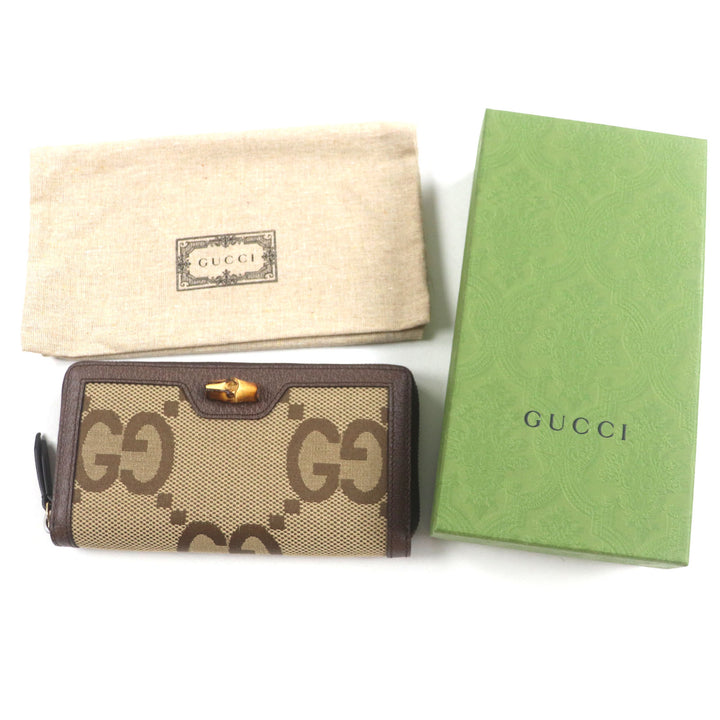 優れたグッチ財布 バンブージャンボGGベージュブラウンキャンバスメンズ658634