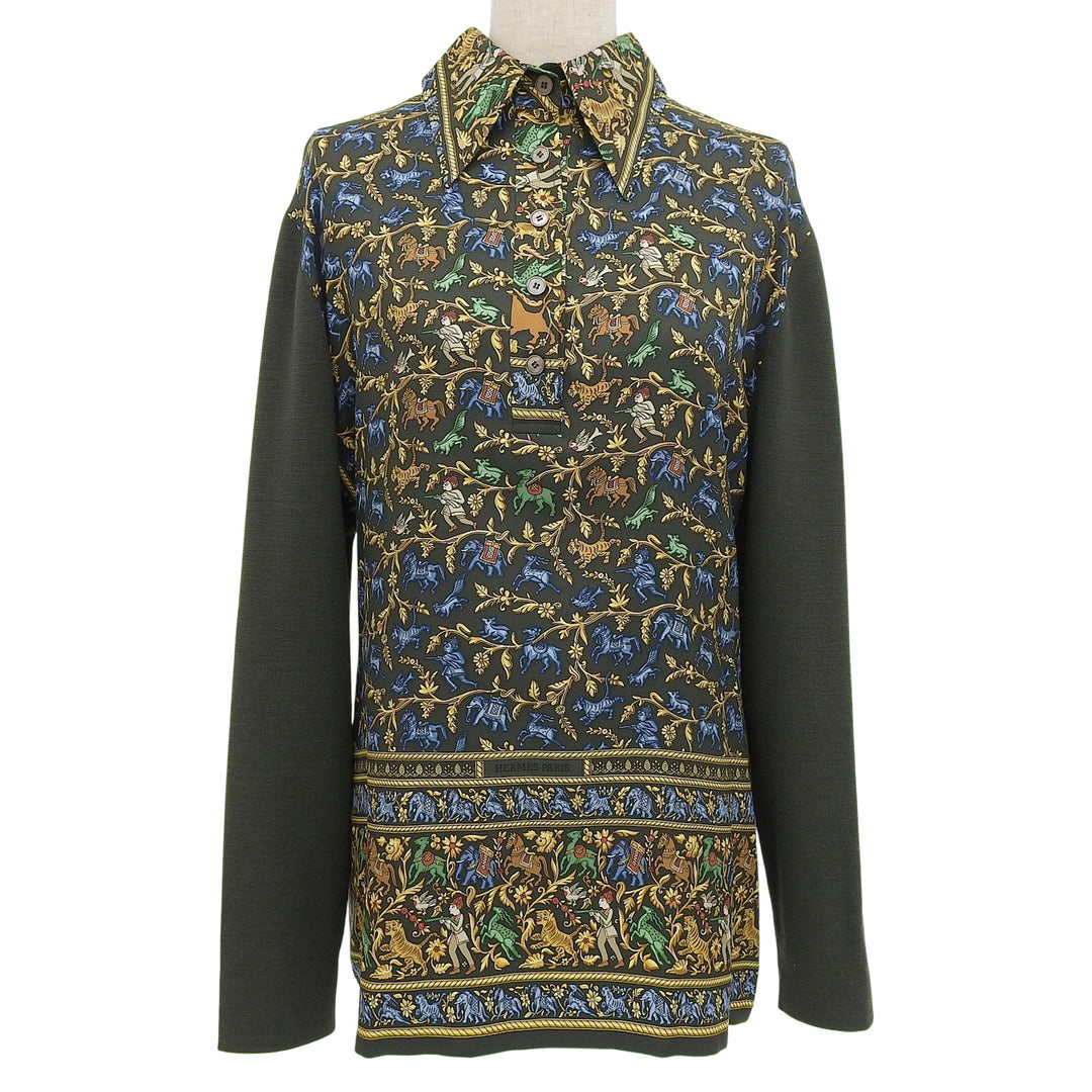 HERMES 長袖ポロシャツ CHASSEEN INDE マルチシルク レディース M