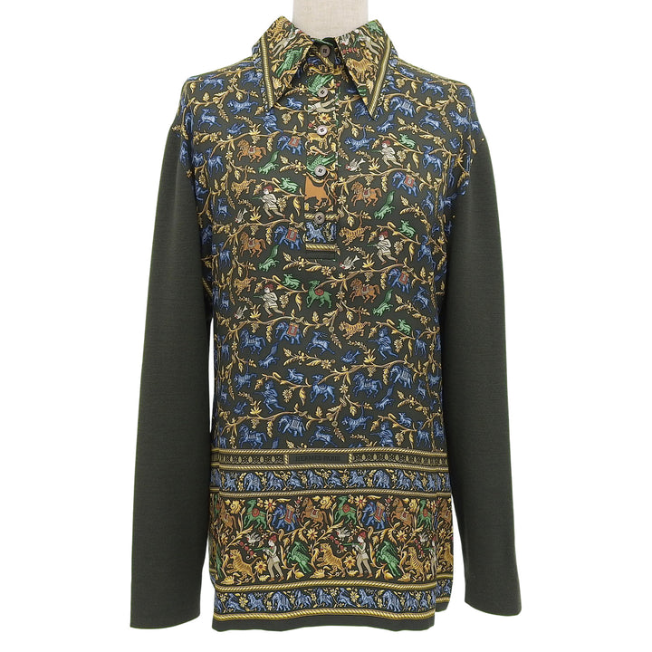 HERMES 長袖ポロシャツ CHASSEEN INDE マルチシルク レディース M